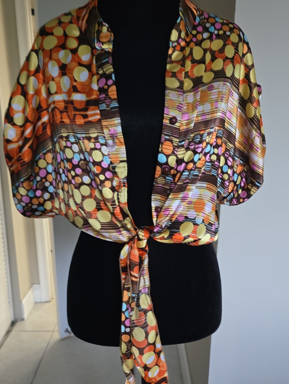 Vintage-Inspired Polka Dot Tie-Front Blouse in Orange & Multicolor